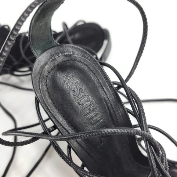 Schutz Heyde Black Leather Strappy Wrap Around & Tie Open-Toe High Heel Sandals - Picture 7 of 11